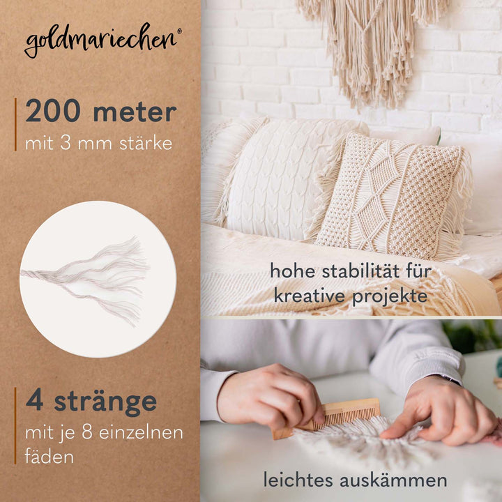 Attribute des Makramee Garns. 100m 3mm 4 Straenge Attribute des Makramee Garns. 100m 3mm 4 Straenge