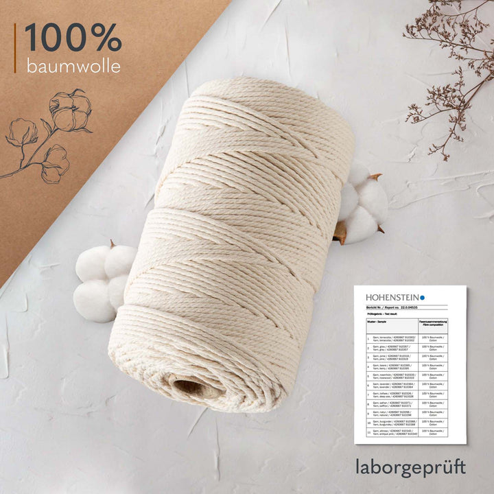 Makramee Garn Rolle 100% Baumwolle mit Laborbericht von Hohenstein Makramee Garn Rolle 100% Baumwolle mit Laborbericht von Hohenstein