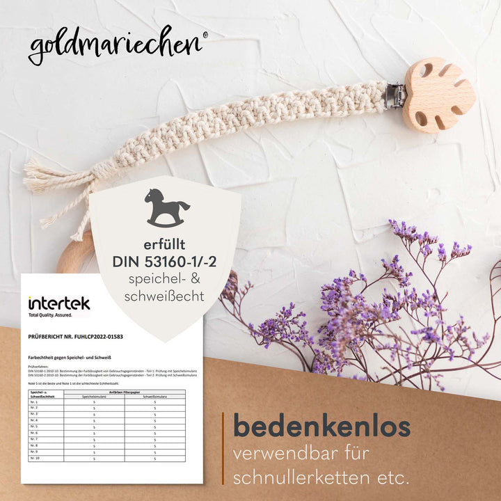 Schnullerkette aus goldmariechen Makrameegarn Naturell mit Labortest von Intertek Schnullerkette aus goldmariechen Makrameegarn Naturell mit Labortest von Intertek