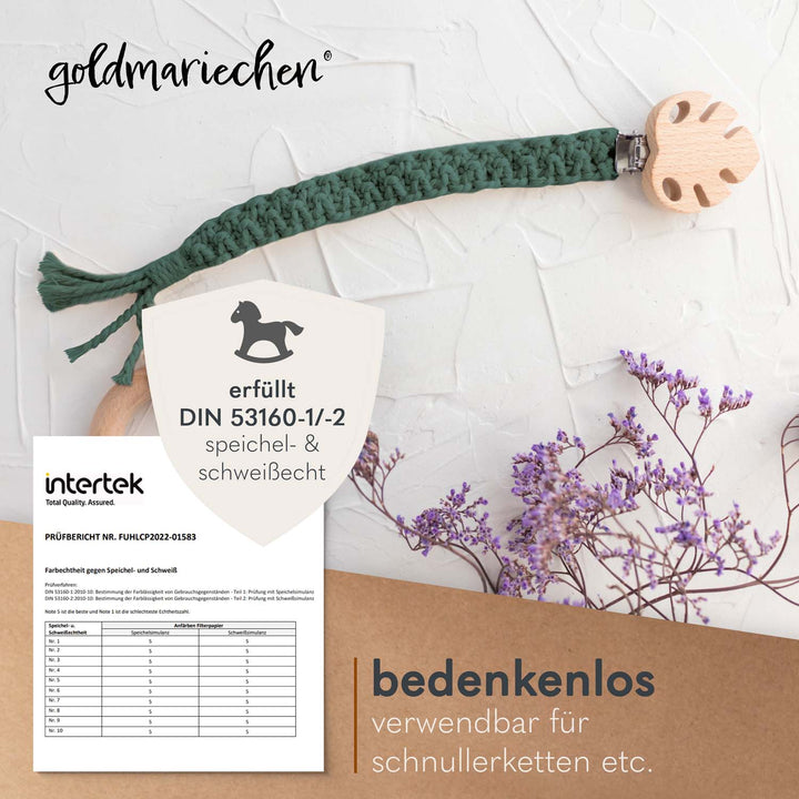 Schnullerkette aus goldmarichen Makrameegarn Tannengrün mit Labortest von Intertek Schnullerkette aus goldmarichen Makrameegarn Tannengrün mit Labortest von Intertek