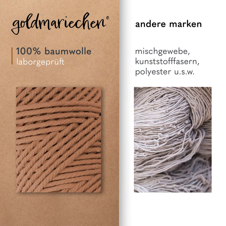 Vergleichsbild zwischen goldmariechen Makramee Garn Karamell und anderen Marken Vergleichsbild zwischen goldmariechen Makramee Garn Karamell und anderen Marken