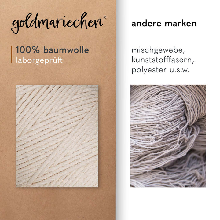 Vergleichsbild zwischen goldmariechen Makramee Garn Natur und anderen Marken Vergleichsbild zwischen goldmariechen Makramee Garn Natur und anderen Marken