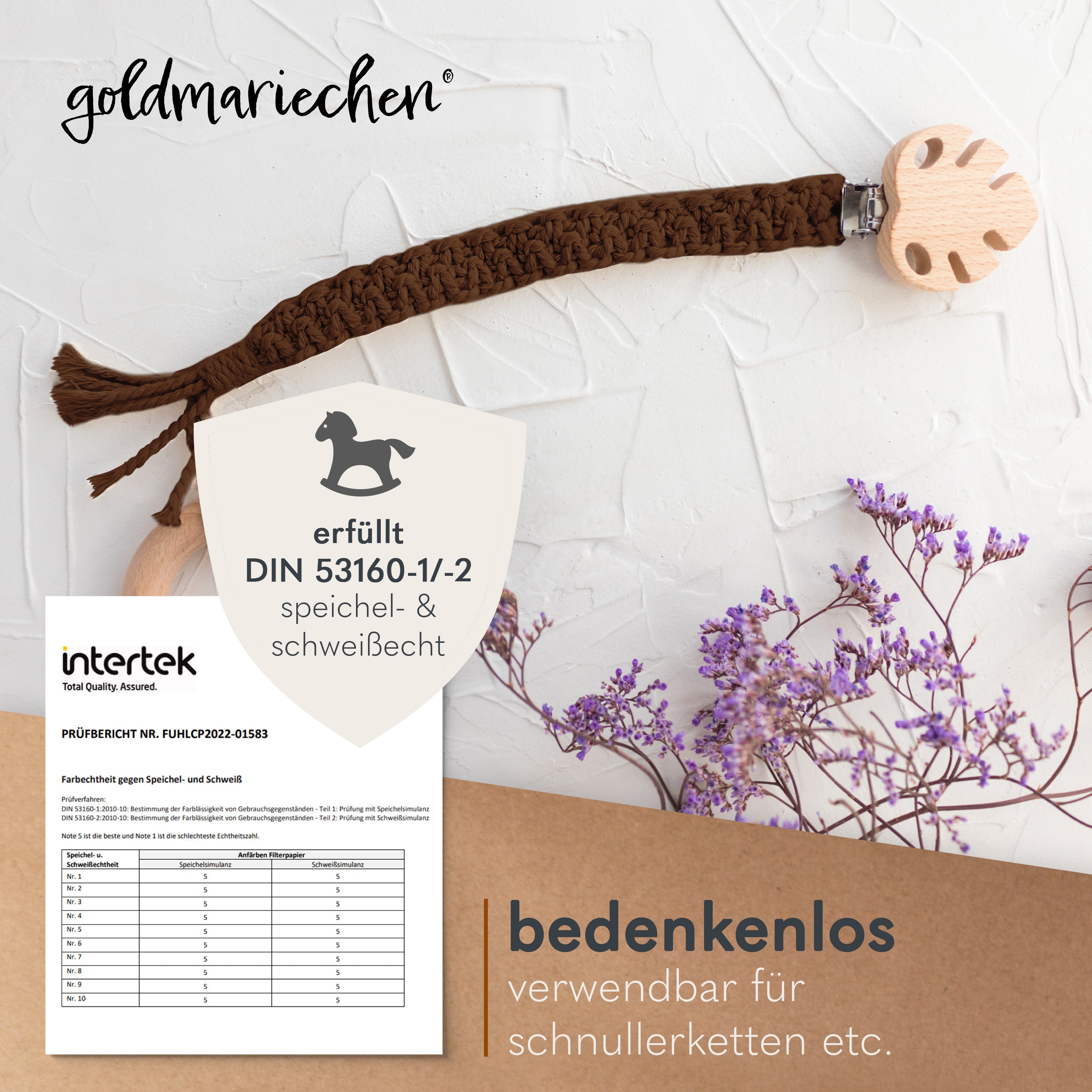 Makramee Garn 3mm ackerbraun für Schnullerkette mit Zertifikat (Speichelfest und schweißecht) DIN 53160-1 und 53160-2