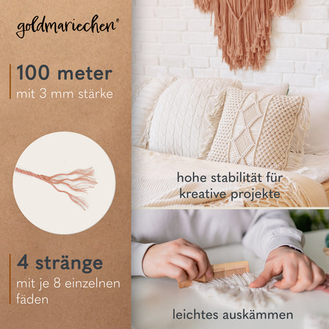 goldmariechen® makramee garn | 3mm x 100m | mehrfach gedreht | rosenholz