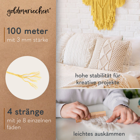 goldmariechen® makramee garn | 3mm x 100m | mehrfach gedreht | sonnengelb