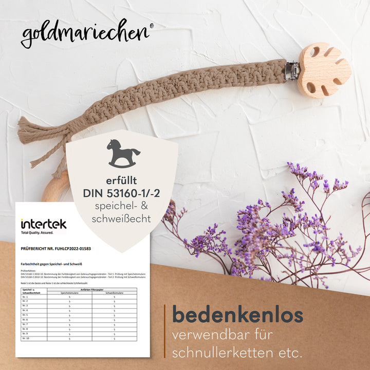 Schnullerkette Taupe DIN 53160-1 und DIN 53160-2 Speichelecht und schweißecht
