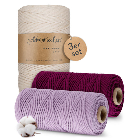 goldmariechen® makramee garn | 3mm x 400m | mehrfach gedreht | naturell (200m) | beere & lavendel (je 100m)
