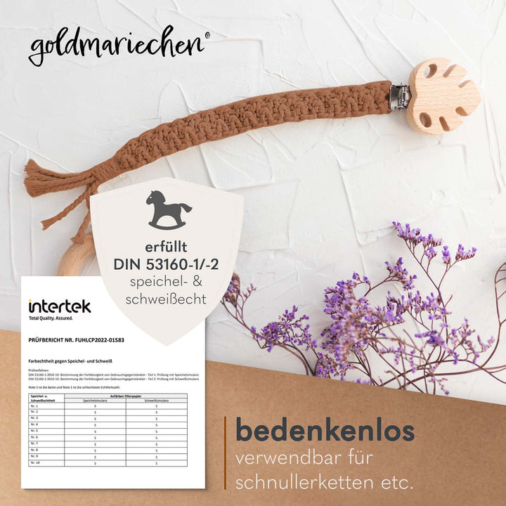 Schnullerkette aus goldmariechen Makrameegarn Karamell mit Labortest von Intertek