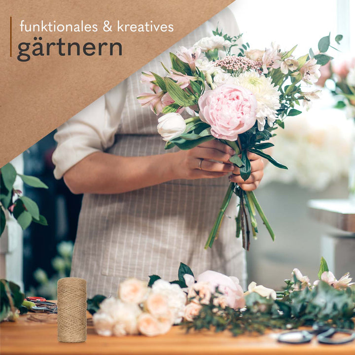 Frau beim Gärtnern mit Jutegarn