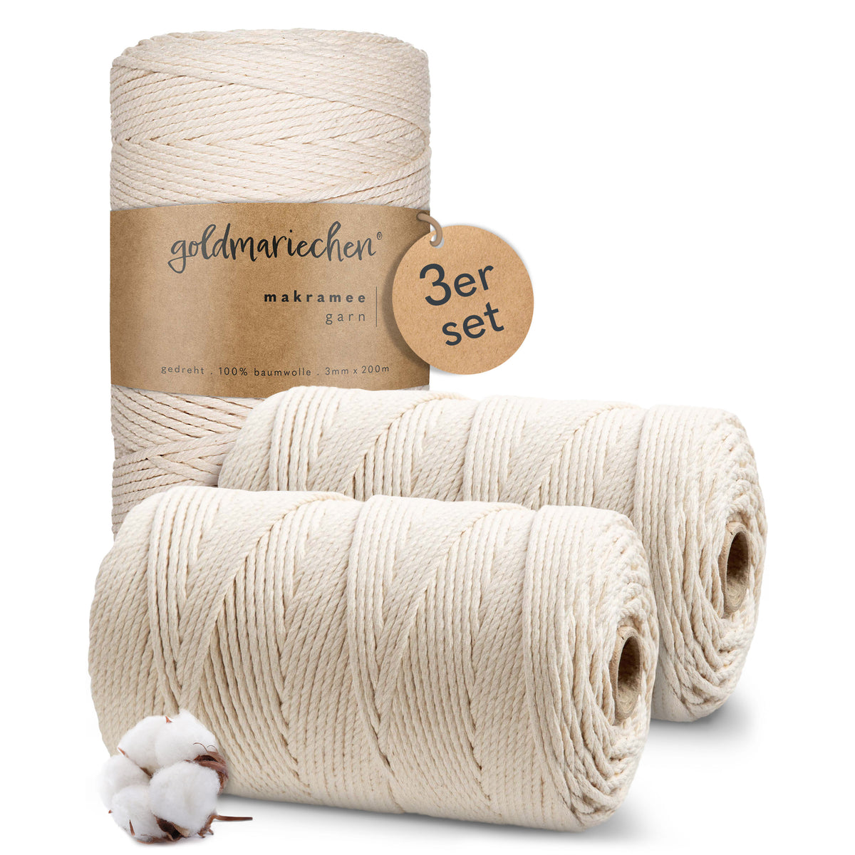 goldmariechen® makramee garn | 3mm x 600m | mehrfach gedreht | naturell