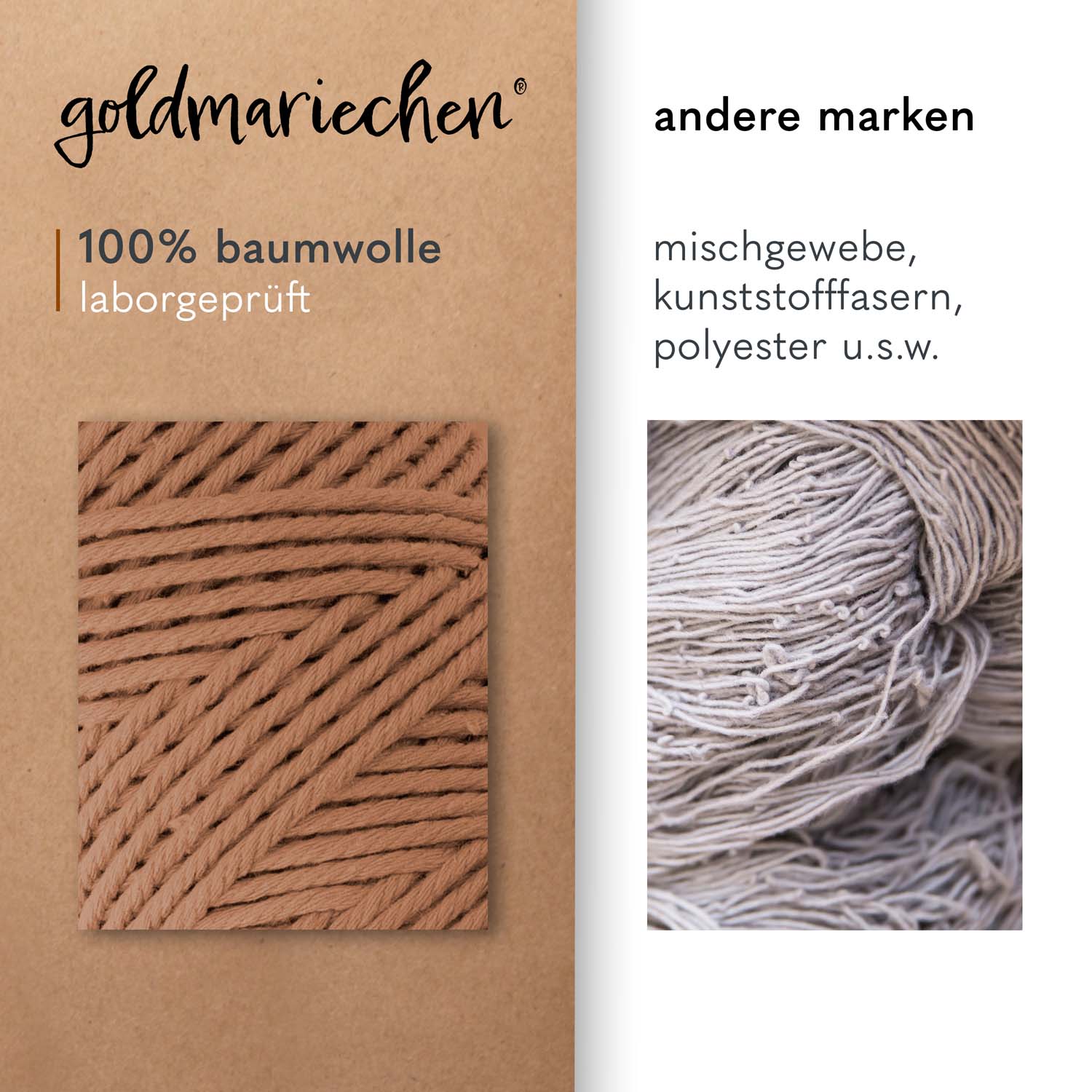 Vergleichsbild zwischen goldmariechen Makramee Garn Karamell und anderen Marken