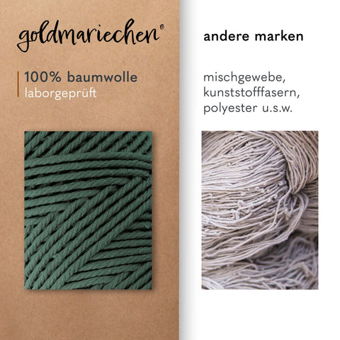 Vergleichsbild zwischen goldmariechen Makramee Garn Tannengrün und anderen Marken