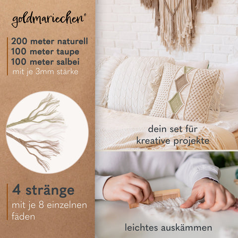 goldmariechen® makramee garn | 3mm x 400m | mehrfach gedreht | naturell (200m) | taupe & salbei (je 100m)
