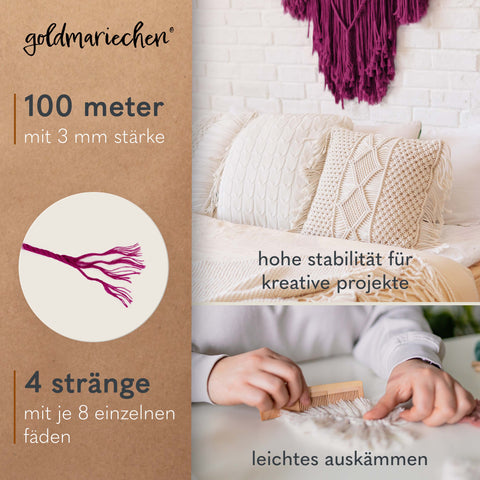 goldmariechen® makramee garn | 3mm x 100m | mehrfach gedreht | beere