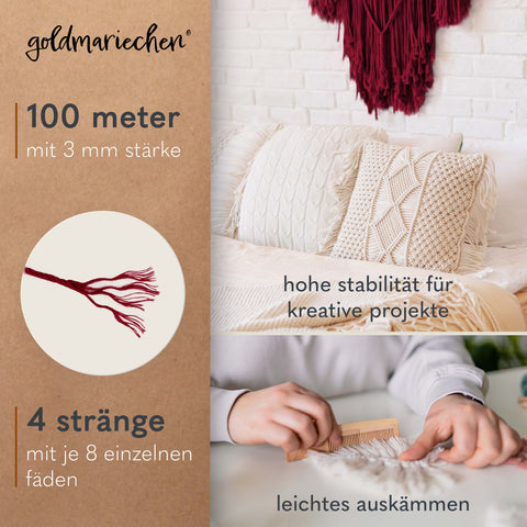 goldmariechen® makramee garn | 3mm x 100m | mehrfach gedreht | burgunder