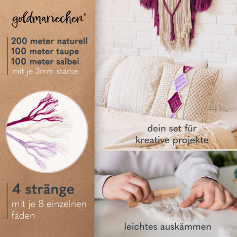goldmariechen® makramee garn | 3mm x 400m | mehrfach gedreht | naturell (200m) | beere & lavendel (je 100m)