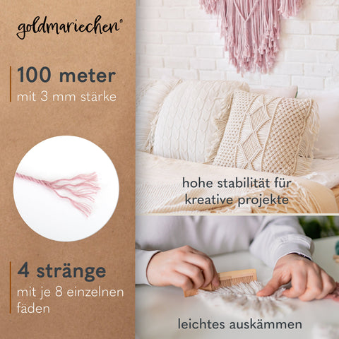 goldmariechen® makramee garn | 3mm x 100m | mehrfach gedreht | rose